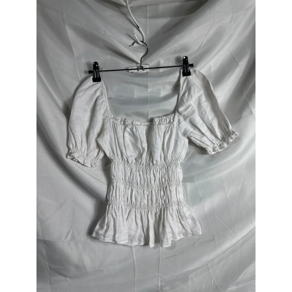 Reformation White Linen Smocked Peplum Puff Sleeve Top Square Neck Small